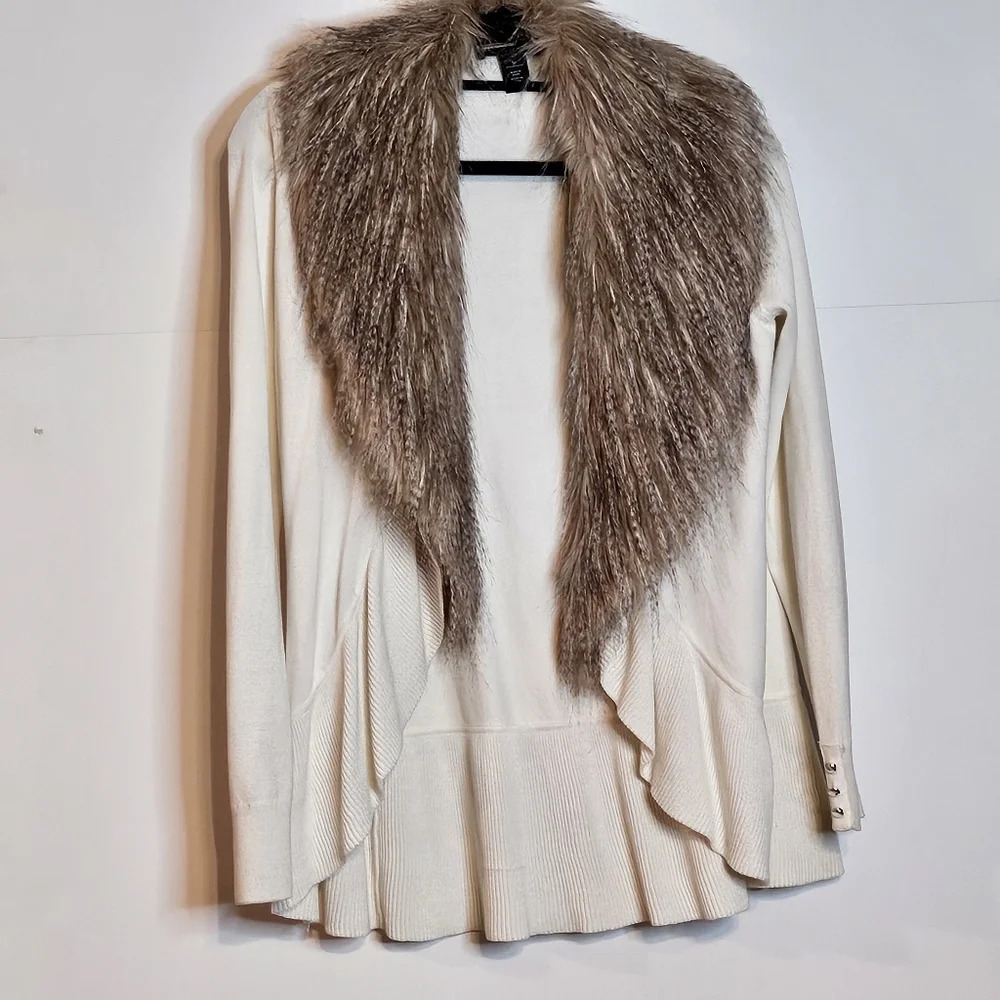 White House Black Market Removable Faux Fur Collared Sweater Off White Wmns Sz M